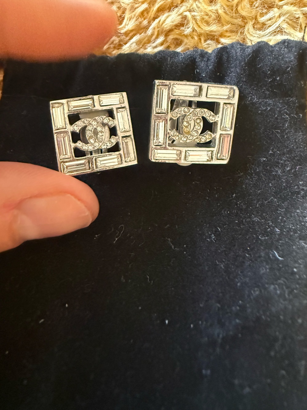 CHANEL Crystal Square Logo Clip-On Earrings in Silver